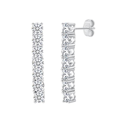 MDFUN 14K White Gold Drop Dangle Earrings for Women, Linear Cubic Zirconias Tennis Drop Earrings Design, 5mm CZ