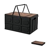 Outdoor Collapsible Storage Box, with Handles and Wooden Lid, Portable Large Capacity Stackable Crates, Outdoor Storage Bin with Table Function, Ideal for Car Trunk, RV Trip, Picnic (Black,Small)