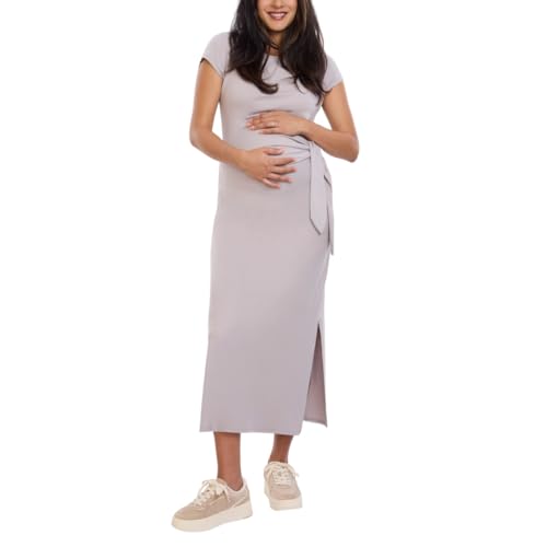 Motherhood Maternity Women's Short Sleeve Crew Neck Side Tie Detail Midi Casual Pregnancy Dress, Opal, Small