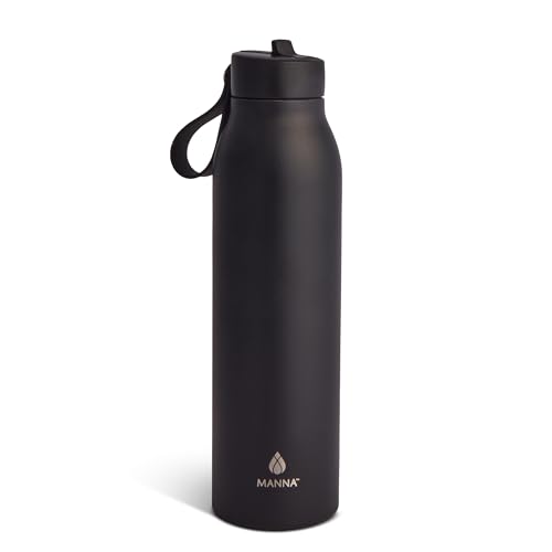 Manna Bonnie Modern Flip Insulated Stainless Steel Bottle with Straw Lid and Carrying Loop - 20 Oz - Onyx