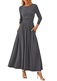 PRETTYGARDEN Women's 2025 Fashion Trendy Fall Long Sleeve Dresses Ruched Flowy Elegant Modest Boho Casual Beach Maxi Dress (Grey,X-Small)