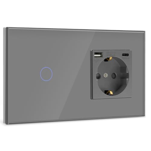 BSEED Interruttore della Luce Touch Con Presa USB (Max. 2,1 A) e Porta Tipo C - 1 Vano, 1 Via, Da Incasso Con Cornice in Vetro Grigio, 500 W