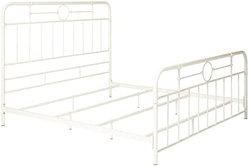 Walker Edison Vintage Antique Metal Iron Pipe King Size Bed Headboard Footboard Bed Frame Bedroom, King, White