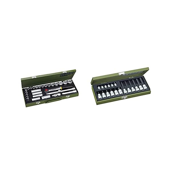 PROXXON Steckschlüsselsatz, Für die kraftvolle Mechanik mit 1/2"-Umschaltratsche, 29-teiliges Werkzeug-Set mit Stahlkasten, 23000 & 23821 Slim Line Ring-Maulschlüsselsatz, 15-teilig, 6 - 21 mm