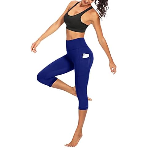 HIGHDAYS Women’s Capri Yoga Pants Pockets -Tummy Control High Waist Cropped Workout Leggings Royal Blue Cover