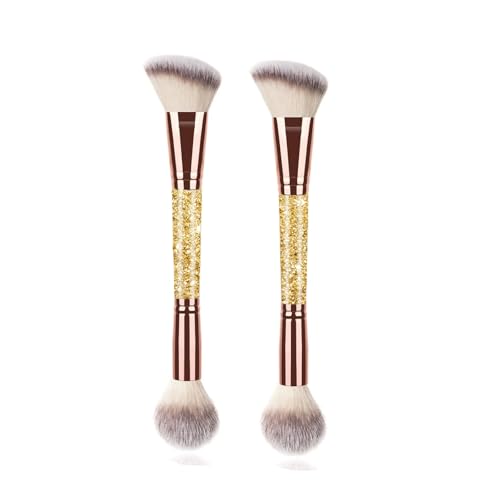 UAIAGM 2Pcs Dual-ended Makeup Brushes for Contouring, Blending and Bronzing Angled Foundation Brush&Concealer Brush Premium Luxe Hair for Flawless Application of Liquid Cream and Powder Makeup Gold