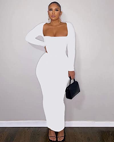Doweha Women's Square Neck Long Sleeve Maxi Dress Sexy Knit Bodycon Long Dress for Women3