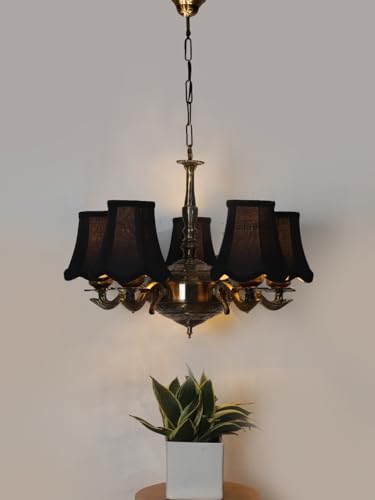 Image of Devansh 05 Lights Black Vintage Cotton Shade with Antique Golden Chandelier -M