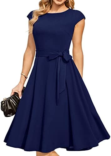 DRESSTELLS Women's Vintage Homecoming Tea Dress Cocktail Party Swing Dress with Cap-Sleeves Navy 2XL