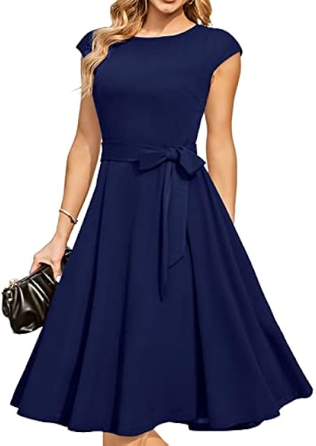 DRESSTELLS Women's Cocktail Dresses for Wedding Guest, Formal Church Modest Funeral Fit Flare Vintage Tea Party 50s Swing Hepburn Dress Navy Blue XL