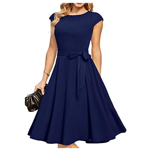 DRESSTELLS Robe Cocktail Mariage Vintage Robe Casual Femme Robe de Soiree Femme Robe baptême col Rond Manches Courtes Marine M