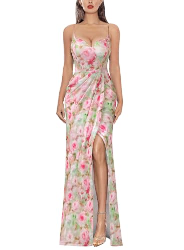 Image of VFSHOW Womens Sexy Spaghetti Strap Formal Prom Evening Gala Long Maxi Dress | Ruched Hight Slit, Sweetheart, Cocktail Wedding Guest Fitted Bodycon Gown