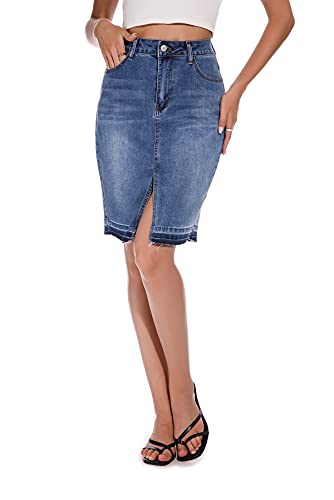 Chowsir Women High Waist Front Split Washed Midi Pencil Denim Jean Skirt…3