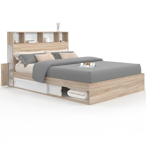 IDMarket - Lit Double Clem avec rangements + tête de lit et sommier 140 x 190 cm hêtre et Blanc