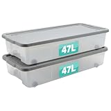 Set Of 2 Plastic Storage Box with Lid & Wheels Stackable Heavy Duty Container for Home, Garage & Office Organisation Boxes Nestable Portable Multipurpose Room Organiser (47 Litre Underbed)