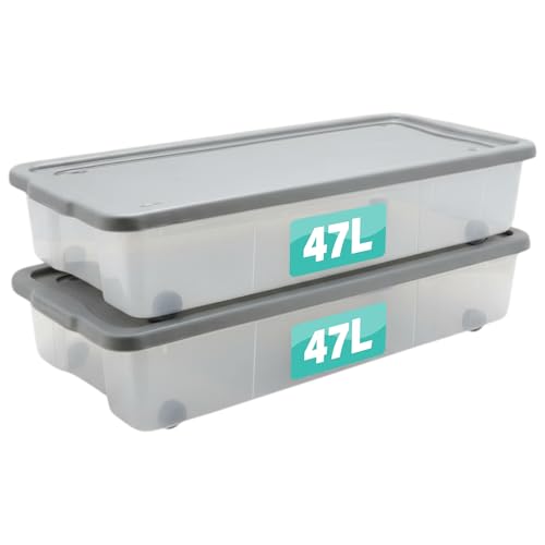 Set Of 2 Plastic Storage Box with Lid & Wheels Stackable Heavy Duty Container for Home, Garage & Office Organisation Boxes Nestable Portable Multipurpose Room Organiser (47 Litre Underbed)