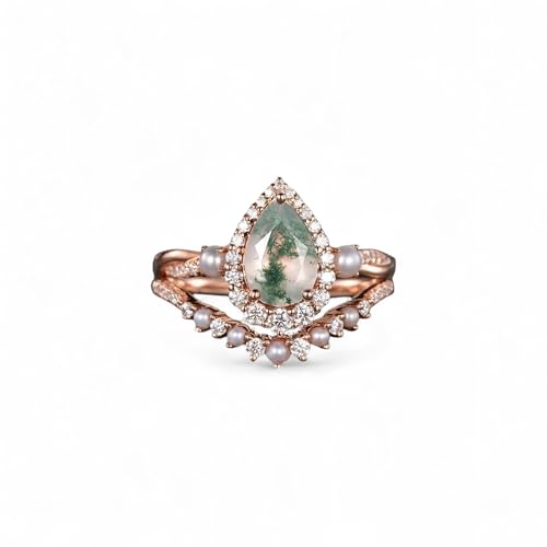 Pear Shaped Moss Agate Engagement Ring Set Art Deco Pearl Curved Chevron Bridal Set Women Rose Gold Unique Cluster Moissanite Wedding Ring