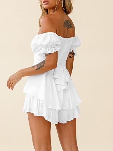 Women Puff Sleeve Square Neck Romper Dress Off Shoulder Ruffle Shorts Smocked Layered Flowy Jumpsuit Beach Swing Dress (A-White, L) - Image 5
