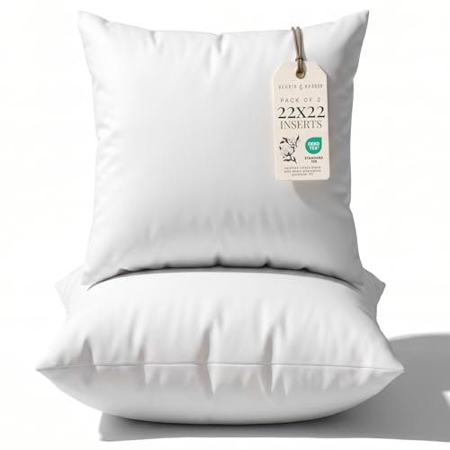 Hearth & Harbor 22x22 Pillow Inserts Set of 2 – Square Throw Pillow Insert for Bed, Sofa & Couch – Soft, Fluffy & Supportive White Decorative Cushion Insert