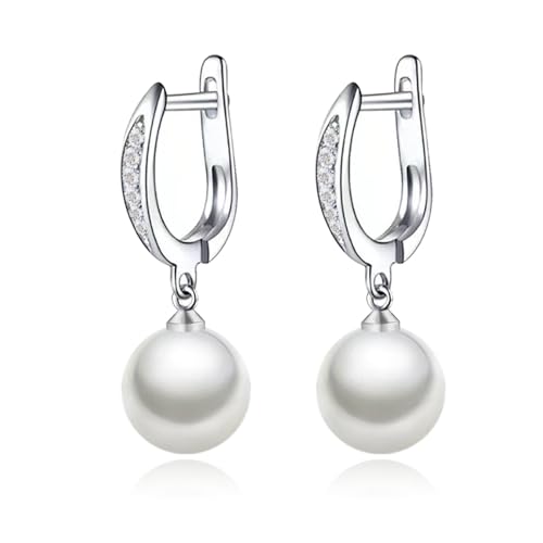 Salanda Women's Pearl Drop Earrings, White Gold Plated, Dangle, 10mm Pearl, Classic Style