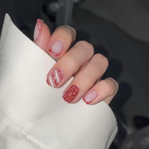Nymora 24 Uñas Falsas de Navidad Adhesivas, Uñas French Press On, Uñas Artificiales con Rayas Rojo y Blanco para Mujeres con Diseño de Gorro de Navidad y Lazo