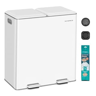SONGMICS Kitchen Bin, 2 x 8 Gallon (2 x 30 L) Double Rubbish Bin for Waste and Recycling, with Soft-Close Lids, Removable Inner Buckets, Pedals, Steel, Cloud White LTB743W02