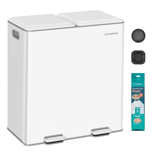 SONGMICS Cubo de Cocina, 2 x 30 L, Papelera Doble para Residuos y Reciclaje, con Tapas de Cierre Suave, Cubos Interiores Extraíbles, Pedales, Acero, Blanco Nube LTB743W02