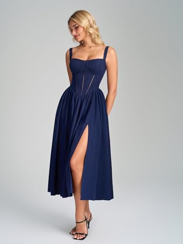Image of KUTUMAI Floral Corset Midi Dress Flowy Slit Summer Spring Wedding Guest Dresses for Women Sundress with Pockets