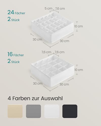 SONGMICS Unterwäsche-Organizer 4er Set, 80 Fächer (2x16+2x24), Schubladen-Organizer faltbar, Ordnungssystem Kleiderschrank, Aufbewahrungsboxen, Socken, Unterwäsche, Krawatten, cremeweiß RUS011W01