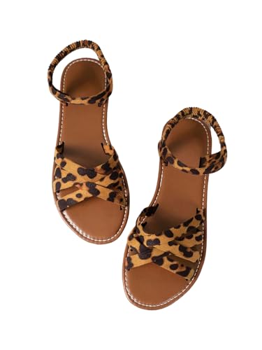GORGLITTER Women's Leopard Print Flat Sandals Cheetah Criss Cross Strappy Open Toe Ankle Strap Dressy Sandal