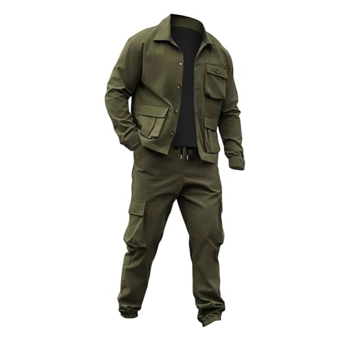 Men's Cargo Tracksuit 2 Piece Long Sleeve Button Down Jacket Trousers Multi Pockets Outfits Outdoor Adventure Sets Plus Size3