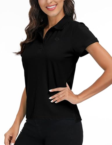MoFiz Women's Short Sleeve Polo Shirts Cotton Casual Sports Gym Work Golf Tee Tops Black Size M