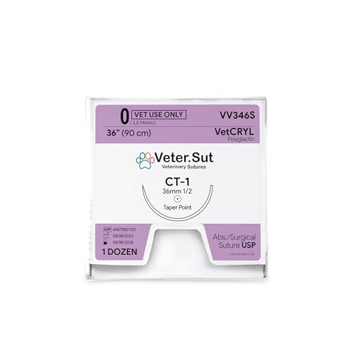 Veterinary Sutures - VeterSut VetCRYL Absorbable Polyglactin Surgical Suture USP Suture 0, (CT-1) 1/2 36mm Taper Point Needle, 36 Inches (90 cm), 12 Count, Veterinary Use