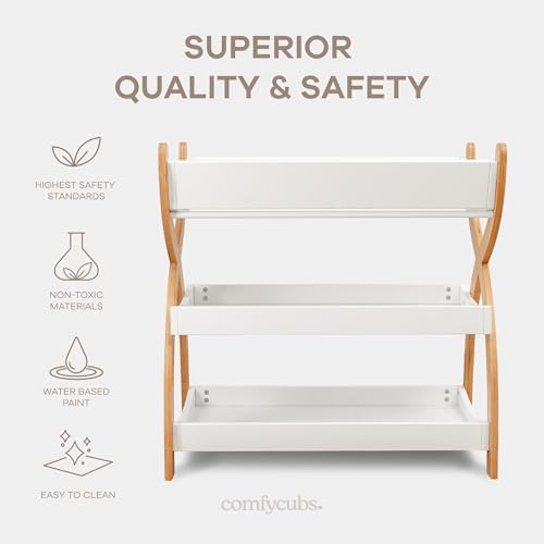 Comfy Cubs Baby Changing Table - Sturdy Wood Construction, Timeless Look Baby Change Table with Two Open Shelves for Infant Daycare Essentials Storage - White with Natural Wood Legs