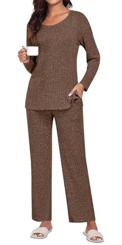 TAOHUADAO Womens Lounge Set Long Sleeve Pajama Sets 2 Piece Pj Outfits Casual Ribbed Knit Sleepwear with Pockets2