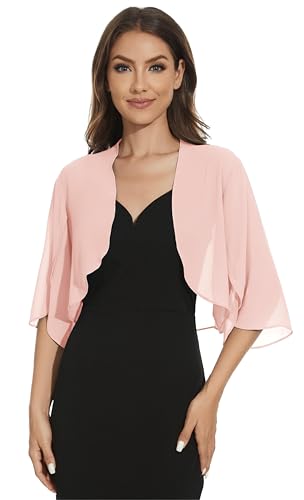 Image of Womens Chiffon 3 /4 Sleeve Shrugs Lightweight Open Front Cropped Cardigan for Dress