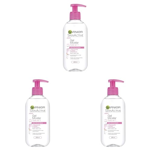 GARNIER Skin Active - Gel Micelar Desmaquillante para Pieles Normales, Todo en Uno, 200 ml (Paquete de 3)