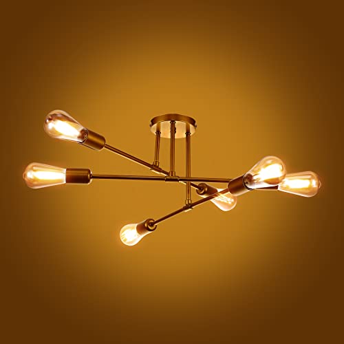 Ridgeyard Modern Sputnik Chandelier 6-Light Semi Flush Mount Ceiling Light Fixture Gold Mid Century Lighting Fixture For Dining Room Living Room Kitchen Bedroom Foyers #TOP6