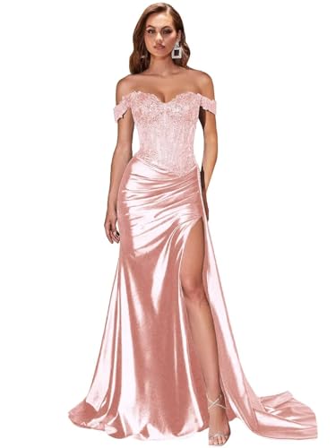 Satin Off The Shoulder Prom Dress Mermaid Sparkly Sequin Appliqued Formal Evening Party Gowns Long PM002