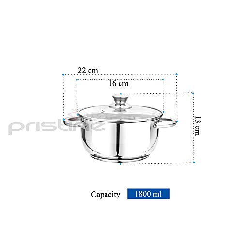 Image of Pristine Stainless Steel Tri Ply Induction Base Cook n Serve Casserole with Glass Lid, 16cm, (1.7L, Silver)