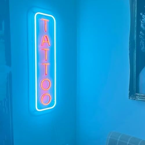 Image of Dimmable Tattoo Neon Sign,LED Reusable Neon Signs,Arylic Ice Blue Tattoo Shop Sign with Dimmer for Tattoo Salon, Studio, Shop Plaque,Tattoo Gifts for Friends,17x6in(Ice Blue+Red)