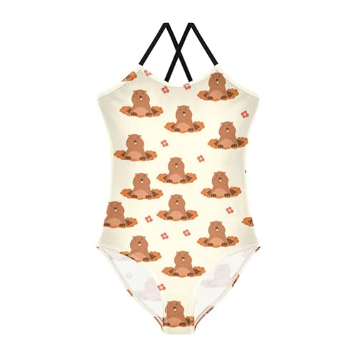 Girls One Piece Swimsuits Cute Groundhog Bathing Straps Suit Kids Cute Swimwear 3-10T