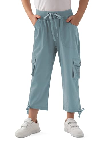 MoFiz Capri Cargo Pants for Girls with Pockets Loose Fit Casual Pant Dressy Lightweight Kids Baggy Parachute Pants for Hiking