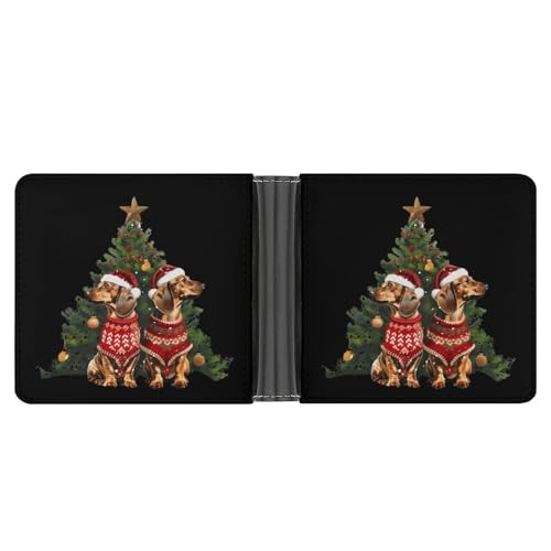 Dachshund Dogs Tree Christmas Funny Billfold Wallet Credit Card Holder Slim Passcase Pouch Purse for Men Women