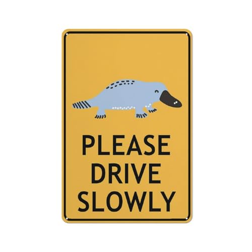 Platypus Cartoon Please Drive Slowly Sign Warning Tin Sign Home Kitchen Farm Garden Garage Wall Decor 12X8 Inch