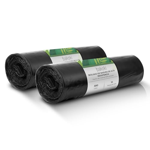 Bakoki Bolsas de basura de 380 l, extremadamente resistentes, extrafuertes, ideales para el hogar, el jardín y la empresa, 2 rollos de 10 unidades, bolsas de basura resistentes para renovación y