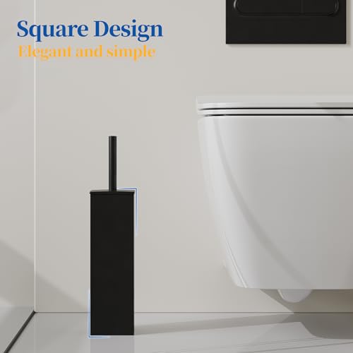 Image of RUACQ Toilet Brush and Holder Set, Square, Matte Black | SUS304 Stainless Steel Handle, Toilet Cleaner Brush with Durable Scrubbing Bristles, Splash-Proof