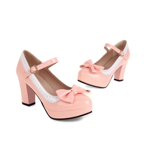 Image of FOREADA Lolita Bow Platform High Heel Women Rockabilly Mary Jane Dress Pump | Boasts soft kawaii retro vintage lolita tea party aesthetic, with block heel ,bow, round toe versatile style for dress wear