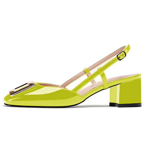 WAYDERNS Women's Square Toe Metal Rectangle Buckle Patent Slingback Chunky Low Heel Pumps Ladies Dress Shoes 2 Inch2