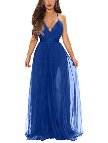 XXTAXN Women's Sexy Deep V Neck Split Cocktail Party Formal Bridesmaid Maxi Dress RoyalBlue
